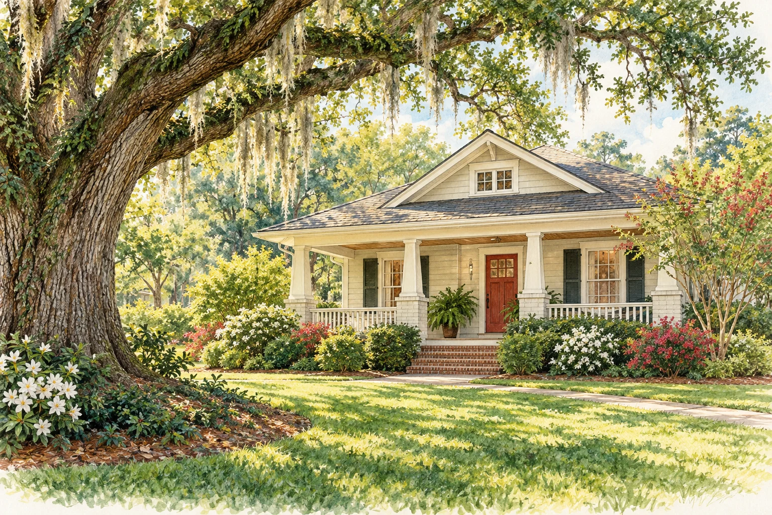 Illustration of a North Florida home beneath a live oak tree