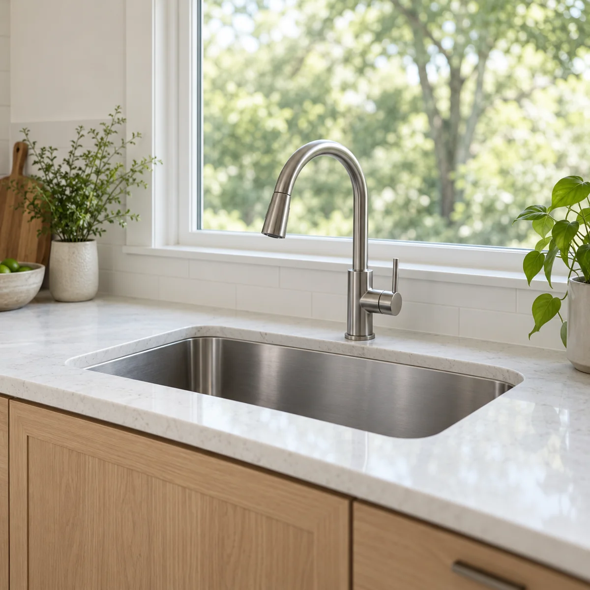 Kitchen sink with a stainless steel faucet